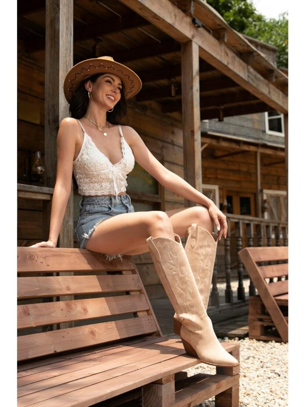 Women's Beige Microsuede Cow Girl Knee High Pointed Toe Block Heel Boots - Picture 5 of 6